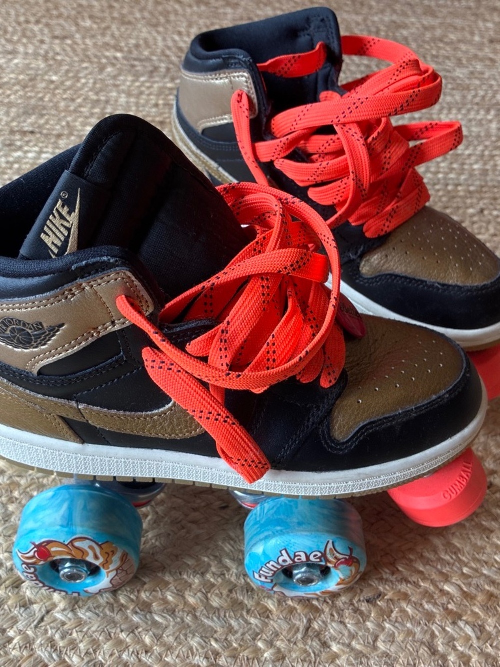 Nike Jordan 1's mid top custom ROLLER SKATES in gold and black